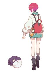  1girl amate_yuzuriha aqua_shirt aqua_skirt backpack bag bag_charm beanie black_boots black_hat boots charm_(object) commentary_request from_behind grey_socks gundam gundam_gquuuuuux haro hat highres ka_ki_o pom_pom_(clothes) pom_pom_beanie red_bag red_hair robot school_uniform shirt short_hair simple_background skirt socks solo sweater white_background white_sweater 
