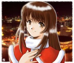  1990s_(style) 1girl bad_id border brown_eyes brown_hair city closed_mouth commentary_request dress erica_fontaine hana_(hana_mo_arashi_mo) hand_on_own_chest long_hair looking_at_viewer outside_border photo_background red_dress retro_artstyle sakura_taisen sakura_taisen_iii sidelocks smile solo upper_body white_border 