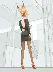  abstract_background absurdres animal_charm animal_ears back_cutout bag black_dress blonde_hair brown_pantyhose cellphone_charm charm_(object) clothing_cutout commentary dress ears_back english_commentary ev_(spindlesong) film_grain grey_bag hair_bun heart-shaped_charm high_heels highres holding holding_bag holding_phone monochrome_background office_lady original pantyhose phone rabbit_charm rabbit_ears rabbit_girl rabbit_tail red_shoes shirt shoes single_hair_bun spindlesong tail tail_through_clothes undershirt undershirt_peek white_shirt 