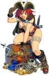 boots breasts cape chest cleavage fur gloves gold hat highres oggy_(oggyoggy) original pirate red_eyes red_hair redhead skeleton skull solo sword treasure tricorne weapon