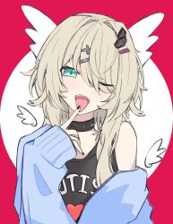  1girl absurdres alternate_costume aqua_eyes black_choker black_nails black_tank_top blonde_hair blue_cardigan cardigan cardigan_partially_removed choker circle commentary cross_hair_ornament detached_wings finger_to_tongue hair_ornament hair_over_one_eye hairclip head_wings heart heart_print highres looking_at_viewer nail_polish noiriririri official_alternate_hairstyle one_eye_closed open_mouth phase_connect print_tank_top red_background rinkou_ashelia rinkou_ashelia_(lia_3.0) single_bare_shoulder solo tank_top teeth untranslatable_commentary upper_body upper_teeth_only virtual_youtuber white_wings wings 