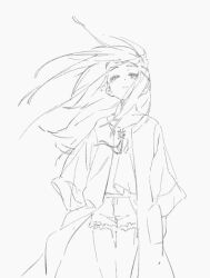  1girl camisole cardigan closed_mouth collarbone commentary cowboy_shot crying floating_hair gakuen_idolmaster half-closed_eyes idolmaster lineart long_hair long_sleeves looking_up raised_eyebrows shinosawa_hiro shorts sidelocks simple_background sketch smile solo standing swept_bangs tears thighs white_background wide_sleeves zero808w 