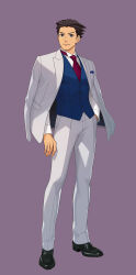  1boy ace_attorney brown_eyes brown_hair commentary english_commentary formal_clothes fuse_takuro highres jacket necktie nuri_kazuya official_art pants phoenix_wright red_necktie second-party_source shirt short_hair solo suit white_jacket white_pants white_shirt 