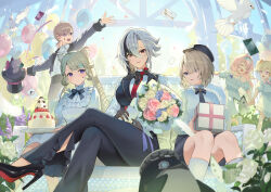  2boys 4girls absurdres animal_ears arlecchino_(genshin_impact) ascot balloon black_eyes black_hair black_hands black_hat black_pants black_shoes black_shorts black_vest blonde_hair box breasts cake cat_ears cat_girl closed_mouth colored_extremities commentary_request couch dress facial_mark flower food freminet_(genshin_impact) genshin_impact gift gift_box grey_jacket hat high_heels highres holding holding_box holding_flower holding_unworn_clothes holding_unworn_hat jacket long_hair lynette_(genshin_impact) lyney_(genshin_impact) multicolored_hair multiple_boys multiple_girls necktie on_couch open_mouth pants pers_(genshin_impact) pi_tayuko pink_hair red_hair red_necktie red_pupils rosseland_(genshin_impact) shirt shoes short_hair shorts smile star_(symbol) star_facial_mark streaked_hair teardrop_facial_mark top_hat unworn_hat unworn_headwear vest violet_eyes white_ascot white_dress white_hair white_shirt 