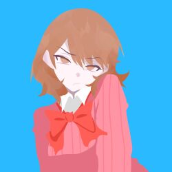  1girl annoyed blue_background bow brown_eyes brown_hair cardigan closed_eyes donjimq gekkoukan_high_school_uniform highres long_sleeves looking_at_viewer persona persona_3 pink_cardigan red_bow school_uniform shirt short_hair simple_background solo takeba_yukari undershirt white_shirt 