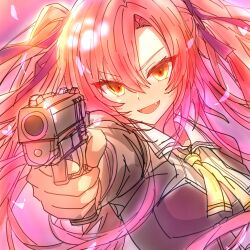  1girl :d aiming black_shirt commentary_request dutch_angle fang floating_hair gun hair_between_eyes hair_ribbon handgun heart highres koutan_(khka3844) long_hair long_sleeves looking_ahead neckerchief nora_to_oujo_to_noraneko_heart open_mouth pink_background purple_ribbon red_hair ribbon school_uniform shirt sidelocks simple_background sketch smile solo takada_nobuchina tsurime twintails upper_body v-shaped_eyebrows very_long_hair weapon yellow_eyes yellow_neckerchief 