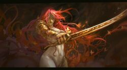   1girl amputee breasts bug butterfly closed_mouth commentary completely_nude elden_ring english_commentary golden_sword highres holding holding_sword holding_weapon long_hair malenia_blade_of_miquella malenia_goddess_of_rot navel nude prosthesis prosthetic_arm prosthetic_leg red_hair solo sword triple_amputee very_long_hair weapon wings yuna_esin_karabenli