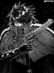  1boy belt_buckle black_background buckle cape cloak commentary covered_mouth final_fantasy final_fantasy_vii gloves greyscale gun hair_between_eyes headband highres holding holding_gun holding_weapon long_hair male_focus monochrome seveninks solo spiky_hair twitter_username upper_body vincent_valentine weapon 