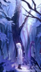  2girls absurdres blue_scarf boots brown_boots closed_mouth commentary earrings elf fern_(sousou_no_frieren) frieren hair_ornament highres holding holding_suitcase jewelry long_hair multiple_girls outdoors pointy_ears porukana purple_hair scarf snow sousou_no_frieren suitcase teardrop_earrings twintails white_hair winter 