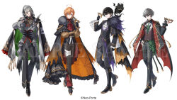  4boys :d ahoge amaichi_esora arm_at_side aruse_inu ascot bandages_over_clothes bat_brooch bat_wings bell-bottoms bell_sleeves belt black_belt black_boots black_bow black_bowtie black_cape black_cat black_corset black_gloves black_hair black_pants black_shirt black_shoes black_shrug black_streaks black_vest blue_eyes boots bow bowtie brown_shirt brown_vest cape cat collared_shirt commentary_request contrast_lapels copyright_notice corset cuff_links domino_mask dress_shoes earrings eye_mask fold-over_boots formal_clothes frilled_cape frilled_pants frilled_sleeves frills full_body fur-trimmed_cape fur_trim gloves green_cape green_eyes green_necktie grey_hair grey_shirt hair_between_eyes hair_over_shoulder hair_rings halloween_costume hand_chains hand_on_own_arm hand_on_own_chest hand_up highres hiura_kuro holding holding_mask jewelry kuga_leo lapels lineup long_hair long_sleeves looking_at_viewer low_ponytail low_side_ponytail male_focus mask multicolored_hair multiple_boys multiple_rings necktie neo-porte o-ring o-ring_thigh_strap official_art orange_cape orange_hair pants pants_tucked_in parted_lips partially_fingerless_gloves plume ponytail print_cape red_ascot red_cape red_eyes ring sample_watermark shibuya_hal shirt shoes short_hair shrug_(clothing) side_cape side_ponytail simple_background single_hair_ring smile spider_web_print standing stole streaked_hair tassel thigh_belt thigh_strap torn_cape torn_clothes two-sided_cape two-sided_fabric two-tone_hair unworn_mask vest virtual_youtuber waist_cape watermark white_ascot white_background white_shirt wing_cape wings yellow_eyes 