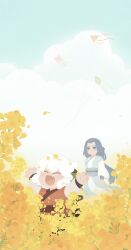  2boys animal_ears blue_eyes blue_hair cat_boy cat_ears cat_tail chinese_clothes closed_eyes commentary_request fang flower highres kite low_ponytail luo_xiaohei luo_xiaohei_(human) male_focus multiple_boys no_lineart official_art open_mouth outdoors ponytail sky smile solar_term tail the_legend_of_luo_xiaohei white_hair wuxian_(the_legend_of_luo_xiaohei) xrriver yellow_flower 