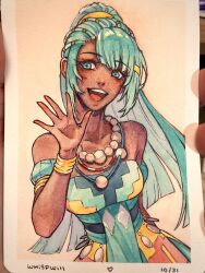  1girl :d aqua_hair artist_name bare_shoulders bead_necklace beads blue_eyes bracelet breasts commentary dark-skinned_female dark_skin detached_sleeves dress english_commentary esmeralda_sinza fire_emblem fire_emblem:_fortune's_weave heart high_ponytail highres inktober jewelry long_hair looking_at_viewer necklace numbered painting_(medium) photo_(medium) ponytail puffy_detached_sleeves puffy_sleeves smile solo teeth traditional_media upper_teeth_only watercolor_(medium) waving whispwill 