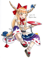  1girl :d ;d alcohol artist_name ball_and_chain_restraint blue_bow blunt_bangs blush bow brown_eyes brown_horns buttons chain commentary_request cuffs cup dated fang footwear_bow hair_bow hand_up horn_bow horn_ornament horns ibuki_suika long_hair low-tied_long_hair no_nose one_eye_closed oni open_mouth orange_hair pointy_ears proton pyramid_(geometry) red_bow royal_ease sakazuki sake shackles shirt simple_background sitting skirt sleeveless sleeveless_shirt smile socks solo torn_clothes torn_sleeves touhou twitter_username very_long_hair white_background white_shirt white_socks 