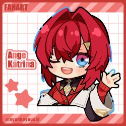  1girl :d ange_katrina ange_katrina_(1st_costume) black_outline blue_eyes blue_outline blush_stickers border cardigan character_name chibi chibi_only commentary cropped_torso crossed_bangs diamond-shaped_pupils diamond_(shape) grid_background hair_between_eyes hair_intakes hair_ornament hairclip hand_up long_sleeves looking_at_viewer medium_hair multicolored_eyes nijisanji nyankoyousei one_eye_closed open_mouth outline red_border red_cardigan red_hair smile solo star_(symbol) symbol-shaped_pupils teeth triangle_hair_ornament twitter_username two-tone_eyes upper_teeth_only variant_set violet_eyes virtual_youtuber waving white_background 