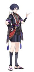  1boy arm_at_side armor black_hair black_kimono black_sandals black_shorts black_sleeves blunt_ends commentary_request eyeliner frilled_sleeves frills full_body furisode furrowed_brow genshin_impact gold hand_on_own_hip hand_up highres japanese_armor japanese_clothes jewelry juban kimono kote kurokote kusazuri layered_shorts layered_sleeves looking_at_viewer makeup male_focus mandarin_collar mitsudomoe_(shape) neck_ring o-ring open_clothes open_hand open_kimono parted_bangs parted_lips purple_sash purple_sleeves red_eyeliner red_kimono red_sash retujyo4go sandals sash scaramouche_(genshin_impact) scaramouche_(harbinger)_(genshin_impact) short_sleeves shorts single_sode smug solo standing stirrup_legwear tassel toeless_legwear tomoe_(symbol) tsurime violet_eyes white_background white_kimono wispy_bangs wolf_cut zouri 