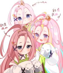  3girls :d ahoge aino_(genshin_impact) arrow_(symbol) bangs_pinned_back bare_shoulders blonde_streaks child coat coat_partially_removed commentary_request dress expressionless forehead fuyonohi45 genshin_impact green_dress hair_ornament heart heart_hair_ornament highres huge_ahoge lab_coat light_blush long_hair multicolored_hair multiple_girls multiple_persona pink_hair pointing_out_the_details pout screw_hair_ornament simple_background sleeveless sleeveless_dress sleeves_past_fingers sleeves_past_wrists smile streaked_hair translation_request very_long_hair violet_eyes white_background white_coat x_hair_ornament 
