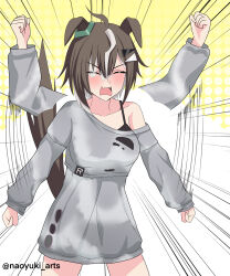  1girl absurdres animal_ears baggy_clothes black_tank_top blush breasts brown_hair closed_eyes commentary_request dress emphasis_lines fangs grey_dress grey_streaks hair_ornament hair_over_one_eye highres horse_ears horse_girl horse_tail long_sleeves motion_blur multicolored_hair naoyuki_arts open_mouth rulership_(casual)_(umamusume) rulership_(umamusume) short_hair single_bare_shoulder solo streaked_hair tail tail_raised tank_top textless_version torn_clothes torn_dress umamusume 