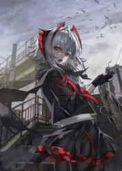  1girl ahoge arknights bird black_jacket black_pantyhose black_scarf black_skirt commentary cowboy_shot double-parted_bangs fingerless_gloves frilled_skirt frills from_behind gloves grey_shirt grey_sky hair_between_eyes holding holding_walkie-talkie horns jacket key_ring long_sidelocks long_sleeves looking_back mayhan1019 open_clothes open_jacket open_mouth outdoors overcast pantyhose scarf shirt short_hair sidelocks skirt sky solo stairs tail untranslatable_commentary w_(arknights) walkie-talkie white_hair yellow_eyes 