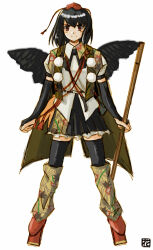 1girl 2000s_(style) black_bridal_gauntlets black_hair black_skirt black_thighhighs black_wings blush bridal_gauntlets closed_mouth collared_shirt commentary_request cosplay feathered_wings frilled_skirt frills full_body geta gundam gundam_msv hana_(hana_mo_arashi_mo) hat heavy_full_armor_gundam heavy_full_armor_gundam_(cosplay) holding leaf_print looking_at_viewer open_clothes open_vest parody pom_pom_(clothes) print_vest red_eyes red_hat red_shoes shameimaru_aya shirt shoes short_hair simple_background skirt smile solo standing tengu-geta thigh-highs tokin_hat touhou v-shaped_eyebrows vest white_background white_shirt wings 