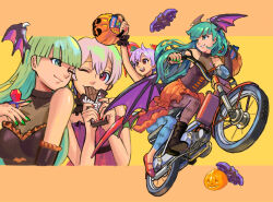  2girls bat_wings bicycle calilo candy chocolate chocolate_bar commentary darkstalkers eating english_commentary food full_body green_hair green_nails halloween_bucket highres holding holding_halloween_bucket lilith_(darkstalkers) long_hair looking_at_another looking_to_the_side morrigan_aensland multiple_girls multiple_views on_bicycle one_eye_closed open_mouth riding riding_bicycle smile wings 