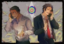  2boys abstract_background adachi_tohru ameno_sagiri_(persona) black_border black_jacket black_pants border brown_hair canon_event cellphone closed_eyes collared_shirt commentary corded_phone false_smile flip_phone furrowed_brow grey_eyes hair_slicked_back highres jacket looking_down male_focus mature_male mole mole_on_forehead multiple_boys namatame_tarou necktie nervous_sweating open_clothes open_jacket panicking pants persona persona_4 phone red_necktie shirt shirt_tucked_in short_bangs short_hair smile suit sweat talking_on_phone twirling_phone_cord white_shirt wide-eyed wss_(wss000569483941) 