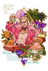  1boy absurdres bare_pectorals bird blonde_hair car commentary crocodile crocodilian cup disco_ball donquixote_doflamingo english_commentary eriochromatic feather_boa flamingo food fruit highres holding holding_cup jewelry key_lime_pie male_focus miami motor_vehicle multiple_views necklace one_piece open_clothes open_shirt orange_(fruit) orange_slice palm_tree pectorals pie pie_slice piercing pink_shirt sandwich shirt solo sunglasses temperature tongue tongue_out tongue_piercing tree 
