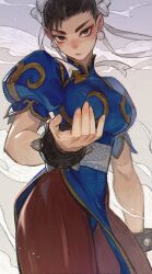  1girl absurdres beckoning black_hair blue_dress bracelet breasts brown_eyes brown_pantyhose bun_cover chinese_clothes chun-li double_bun dress earrings gold_trim hair_bun highres jewelry looking_at_viewer morry pantyhose pelvic_curtain qipao sash solo sphere_earrings spiked_bracelet spikes street_fighter thick_thighs thighs white_sash 