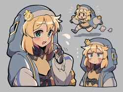  ... 1boy :d androgyne_symbol black_gloves blonde_hair blue_jacket blue_theme blush bridget_(guilty_gear) chibi commentary_request deformed film_grain fingerless_gloves gloves green_eyes grey_background guilty_gear guilty_gear_strive hair_between_eyes hood hood_up hooded_jacket itsuka_neru jacket long_sleeves looking_at_viewer male_focus multicolored_jacket multiple_views open_mouth running sidelocks simple_background smile staring sweatdrop trap white_jacket |_| 