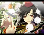  black_hair brown_eyes face fang feathers hands hat highres letterboxed mouth_hold pen pooru porurin_(do-desho) serious shameimaru_aya short_hair solo tokin_hat touhou 