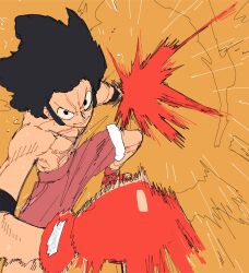  1boy attack black_hair boxing boxing_gloves commentary highres male_focus monkey_d._luffy one_piece orange_background red_shorts scar scar_on_chest scar_on_face shorts sideburns solo taku_(aywakutakuay) topless_male 