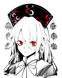  1girl closed_mouth commentary_request cropped_shoulders dalachi_(headdress) double-parted_bangs hair_between_eyes highres hisha_(kan_moko) junko_(touhou) long_hair neck_ribbon pom_pom_(clothes) red_eyes ribbon simple_background smile solo spot_color touhou white_background 