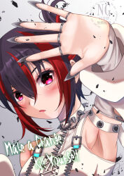  1girl arm_up bare_shoulders black_hair blush choker commentary_request english_text fake_claws heaven_burns_red kanyasu looking_at_viewer mikoto_fubuki multicolored_hair open_mouth red_hair spiked_choker spikes upper_body violet_eyes white_choker 