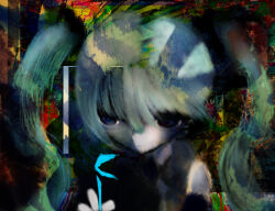  1girl abstract_background absurdres blue_hair closed_mouth commentary_request double_exposure hatsune_miku highres hilty looking_ahead looking_at_viewer muted_colors portrait solo twintails vocaloid 