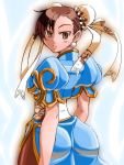  1girl ass blush brown_eyes brown_hair bun_cover capcom china_dress chinese_clothes chun-li double_bun earrings from_behind frown inugoya jewelry looking_back pantyhose ribbon short_hair solo street_fighter 