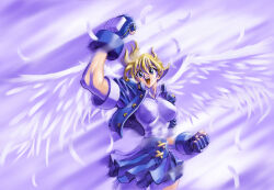  1990s_(style) 1girl :d angel_wings blonde_hair blue_background blue_eyes blue_gloves blue_jacket blue_skirt blue_theme breasts clenched_hands commentary_request cowboy_shot feathers fingerless_gloves gloves impasto impossible_clothes impossible_shirt jacket konsu_konsuke large_breasts looking_at_viewer official_art official_artist_extra open_mouth painterly pleated_skirt raiya_(angel_eyes) retro_artstyle shirt short_hair skirt smile solo spiky_hair standing touki_denshou:_angel_eyes white_shirt white_wings wings 