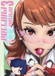  1boy 1girl artist_name blue_eyes blue_hair brown_eyes brown_hair candy canoeflip cardigan character_charm charm_(object) food gekkoukan_high_school_uniform hair_over_one_eye highres jewelry lips lollipop looking_at_viewer open_mouth persona persona_3 persona_3_reload pink_cardigan ring school_uniform shirt short_hair sunglasses takeba_yukari white_shirt yuuki_makoto_(persona_3) 