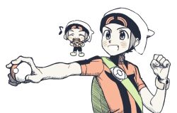  1boy 28_(eep228) backpack bag beanie blush bracelet brendan_(pokemon) chibi clenched_hand commentary_request green_bag grey_eyes grin hat holding holding_poke_ball jewelry korean_commentary looking_to_the_side male_focus multiple_views musical_note poke_ball poke_ball_(basic) pokemon pokemon_omega_ruby_and_alpha_sapphire shirt short_hair short_sleeves smile teeth white_background white_hat 