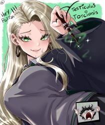  1girl absurdres black_nails black_robe black_sweater_vest blonde_hair closed_mouth earrings english_text genderswap genderswap_(mtf) green_eyes harry_potter harry_potter_(series) highres hogwarts_school_uniform holding holding_wand hoop_earrings jewelry long_hair looking_at_viewer malfoid nail_polish robe school_uniform smile solo sweater_vest very_long_hair waifuviolenta wand wizarding_world 