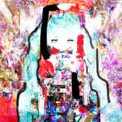  1girl abstract abstract_background absurdres arm_up blue_hair closed_mouth commentary hatsune_miku highres hilty jitome long_hair looking_ahead looking_at_viewer solo twintails vocaloid 