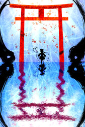  1girl autumn_leaves commentary_request disembodied_linked_eye endlesscat falling_leaves full_body hat heart heart_of_string highres komeiji_koishi leaf long_sleeves maple_leaf reflection reflective_liquid shirt short_hair silhouette skirt solo torii touhou water 