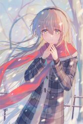  1girl absurdres black_headband blue_eyes clannad coat crying crying_with_eyes_open flowingcrescent fur-trimmed_coat fur_trim grey_hair hair_between_eyes headband highres long_hair looking_at_viewer outdoors plaid_clothes plaid_coat red_scarf sakagami_tomoyo scarf smile snowflakes solo tears very_long_hair winter winter_clothes 