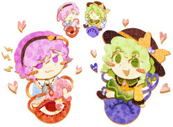  2girls :d :s black_boots black_hat blouse blue_shirt blush_stickers boots bow brown_hairband buttons closed_mouth commentary diamond_button disembodied_linked_eye english_commentary eye_print eyeball frilled_shirt_collar frilled_sleeves frills full_body green_eyes green_hair green_skirt hair_between_eyes hair_ornament hairband hat hat_bow hat_ribbon heart heart_button heart_hair_ornament heart_of_string jitome komeiji_family_(touhou) komeiji_koishi komeiji_satori long_sleeves looking_at_viewer loving_aura medium_hair multiple_girls multiple_views nixelia no_sclera open_mouth papercraft_(medium) pink_eyes pink_hair pink_skirt pink_slippers ribbon ribbon-trimmed_collar ribbon_trim shirt short_hair siblings simple_background sisters sitting skirt slippers smile socks teeth touhou unconventional_media upper_teeth_only white_background white_socks yellow_bow yellow_ribbon yellow_shirt 