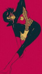  1boy black_bodysuit bodysuit boots closed_mouth film_grain flipped_hair gloves hair_over_one_eye high_heel_boots high_heels humanoid_robot looking_at_viewer male_focus mettaton mettaton_ex one_eye_covered own_hands_together pikurusu pink_background pink_boots pink_eyes robot short_hair simple_background smile solo thigh_boots undertale utdr_(toby_fox) very_short_hair white_gloves 