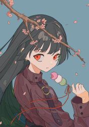  1girl absurdres belt black_belt black_hair blue_background branch cherry_blossoms colored_inner_hair commentary_request dango dot_nose dumpling earclip earrings flower food food_bite from_behind from_side green_hair hand_up high-waist_belt highres holding holding_food jacket jewelry leather leather_jacket long_hair long_sleeves looking_back multicolored_hair multiple_earrings original parted_lips petals pink_flower red_eyes red_jacket red_pupils sidelocks simple_background solo tsukii_(t_s_u_k_i_i) turning_head two-tone_hair uneven_bangs upper_body very_long_hair wagashi 