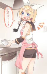  1girl apron black_leg_warmers black_sailor_collar black_shorts black_sleeves blonde_hair blue_eyes bow bowl breasts commentary_request detached_sleeves fang hair_bow hair_ornament hairclip highres holding holding_bowl holding_ladle kagamine_rin kitchen ladle leg_warmers looking_at_viewer number_tattoo open_mouth parallel_hairclips pink_apron sailor_collar shirt short_hair shorts sleeveless sleeveless_shirt small_breasts soup_ladle speech_bubble tatibanamarin tattoo vocaloid white_bow white_shirt yellow_trim 