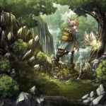  backpack bag bird boots brown_hair camouflage coat crocodile dog_ears dog_tail dragon forest kei_(pixiv) kei_kei lantern lizard looking_back nature pixiv pixiv_fantasia pixiv_fantasia_4 purple_eyes rock scenery sunbeam sunlight tail thigh-highs thighhighs tree violet_eyes when_you_see_it 