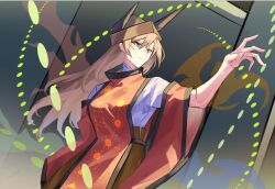  arong black_hat blonde_hair closed_mouth commentary_request constellation constellation_print detached_sleeves dress green_skirt hair_between_eyes hat long_hair long_sleeves matara_okina orange_sleeves orange_tabard shirt skirt smile solo sun_print sun_symbol tabard tate_eboshi touhou touhou_lost_branch_of_legend wide_sleeves yellow_eyes 