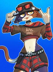  2026 \n/ absurdres animal_ears belt black_eyeshadow black_hat black_shirt body_fur bucket_hat calico_(pattern) calico_cat cat_ears cat_tail claws collar commentary crop_top earrings eyeshadow eyewear_on_head fortnite furry furry_female half-closed_eyes hand_on_own_hat hat highres jewelry large_ears long_sleeves makeup meow_skulls metalhead_meow_skulls multicolored_fur no_nose plaid_clothes plaid_shorts roboticsteve shirt shorts signature simple_background single_earring solo spiked_collar spikes striped_sleeves sunglasses tail tongue tongue_out wide_hips yellow_eyes 