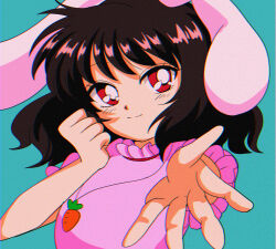  1990s_(style) 1girl animal_ears aqua_background black_hair blush carrot_necklace chromatic_aberration clenched_hand closed_mouth commentary_request dress faux_retro_artstyle film_grain floppy_ears foreshortening hanadi_detazo hand_up highres inaba_tewi jewelry medium_hair necklace one-hour_drawing_challenge pendant pink_dress rabbit_ears rabbit_girl reaching reaching_towards_viewer red_eyes retro_artstyle short_sleeves simple_background smile solo split_mouth touhou upper_body 
