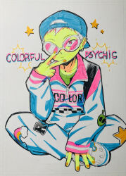  1boy absurdres alien backwards_hat baseball_cap blue_hat colorful_psychic commentary_request constricted_pupils earrings fingernails hat highres indian_style jewelry marker_(medium) menma_(enaic31) original pink_eyes racing_suit rainbow round_eyewear ryosuke_(enaic31) sitting solo star_(symbol) sunglasses traditional_media v white_background zipper 